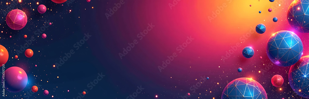 Poster vibrant color palette metallic neon accents features geometric shapes amidst wide panoramic abstract