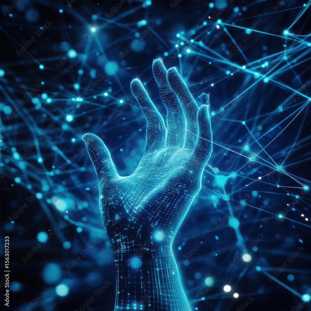 Poster digital hand reaching out in a network of glowing blue lines and points on a dark background