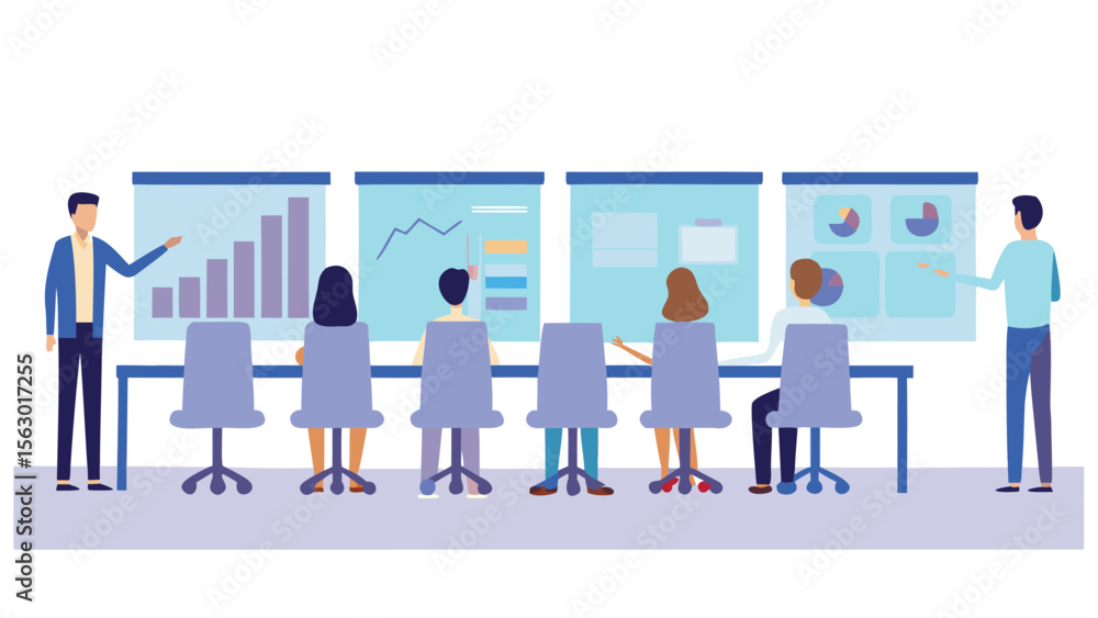 Poster a group of people attending a business meeting with charts and graphs being presented on screens in 
