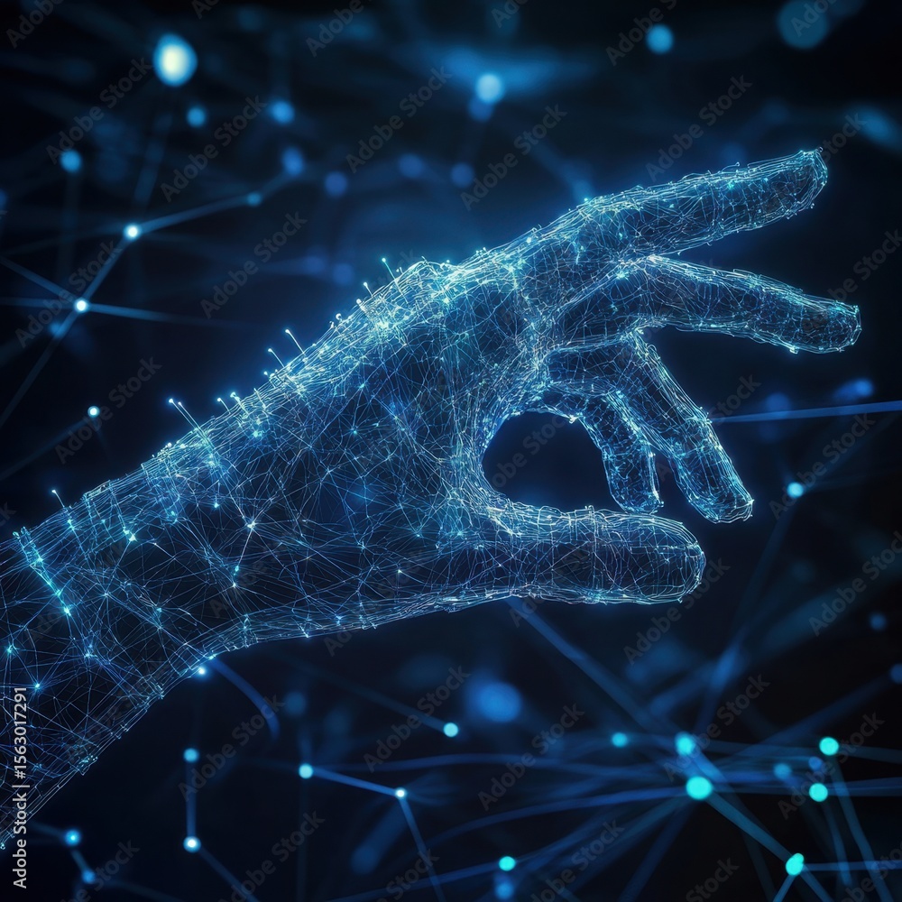 Poster digital hand outlined in blue with glowing points and lines against a dark background with blue dots