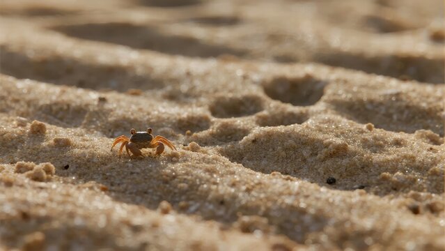 A small crab scurries across textured sandy terrain under warm sunlight.