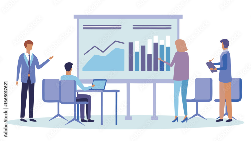 Poster business team presenting data on a whiteboard with charts and graphs in a meeting room setting here 