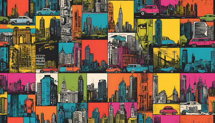 Vibrant Cityscape Collage: Retro Pop Art Style Urban Texture