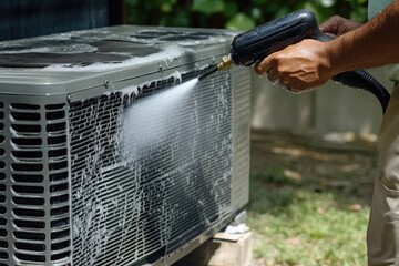 Outdoor air conditioning unit being cleaned with a high-pressure washer.  Foam covers the metal parts