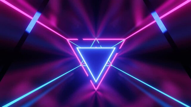 AI-generated abstract background of high-tech tunnel with neon triangles in electric blue, magenta