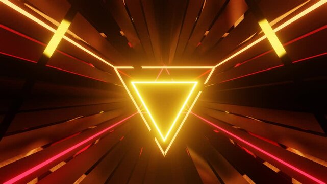 AI-generated abstract background of neon triangles, trapezoids rotating in glowing tunnel