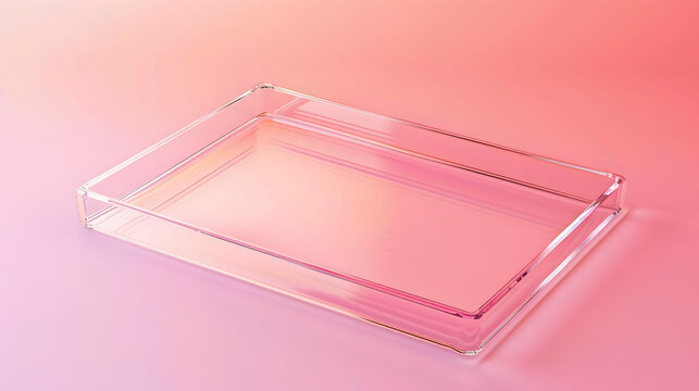 A clear, empty rectangular plastic tray on a soft pink and orange gradient background, highlighting its translucent nature.