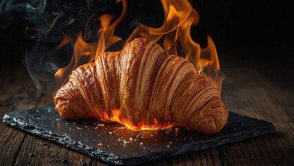 Golden Crescent-Shaped French Croissant Made With Laminated Dough and Buttery Flaky Layers.