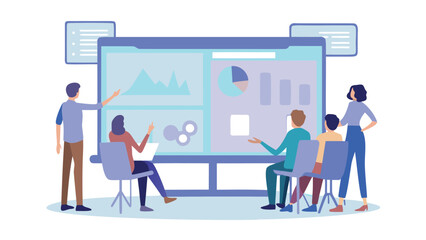 Group of people in a meeting looking at data charts and graphs on a large screen display board
