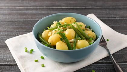 Vegetarian salad with potatoes, green beans and chives in a blue ceramic bowl on gray wooden table. Generated image