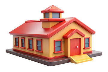 Charming cartoon school building with red roof and yellow walls isolated on transparent background