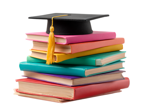  Graduation cap on a stack of books, white background