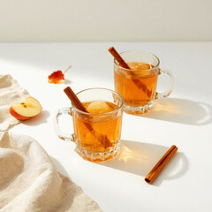 Fresh Apple Cider Served in Glass With Cinnamon and Apple Slices Representing Autumn Flavors.