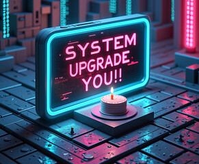 Neon city circuit with message board saying 'System Upgrade You'.
