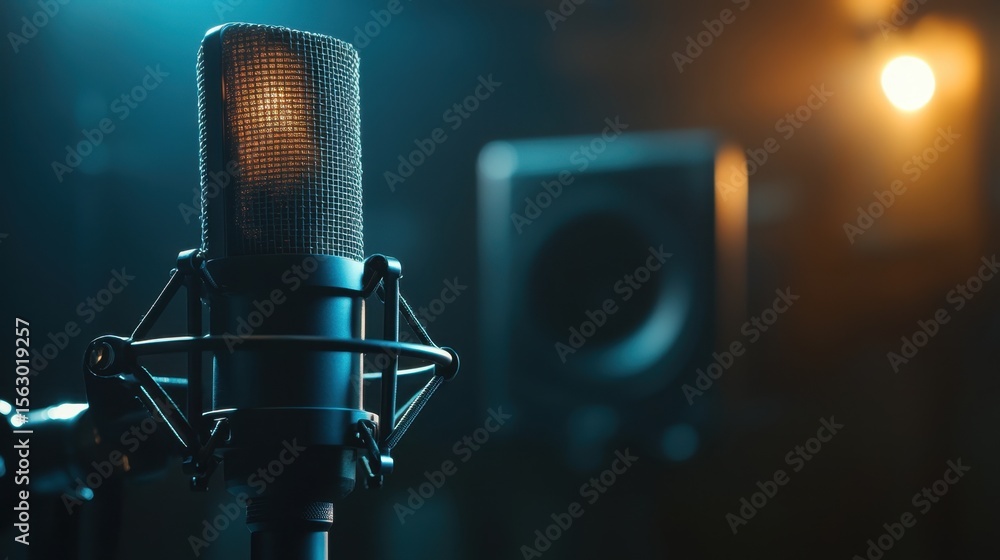 Poster close up of a microphone in a studio with a speaker and a light in the background at night time