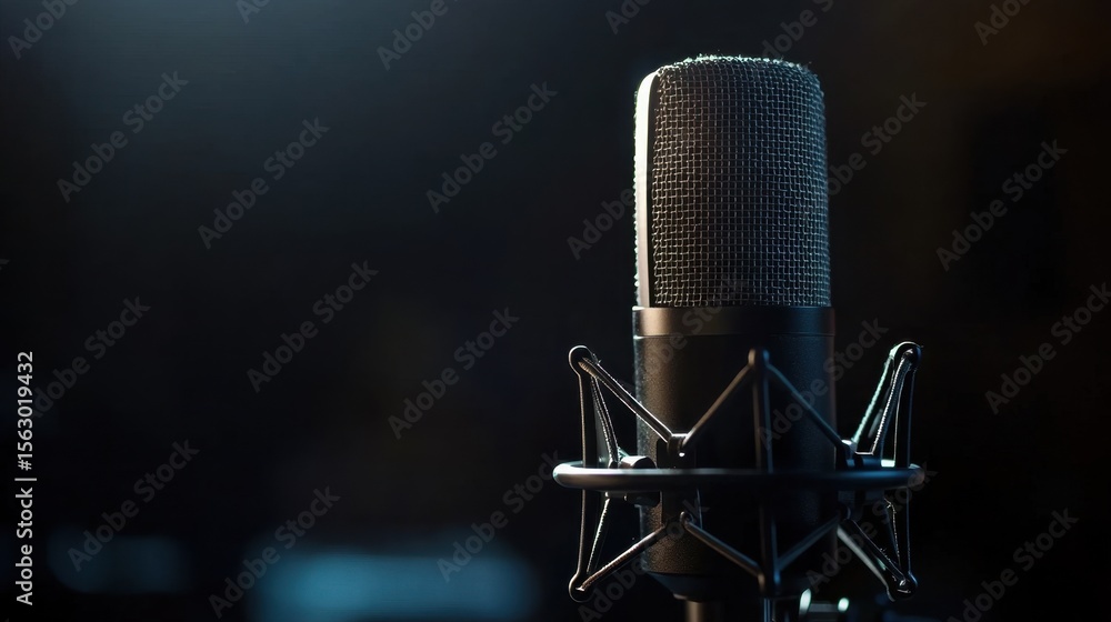 Poster studio microphone on a stand against a dark background with soft lighting on the microphone