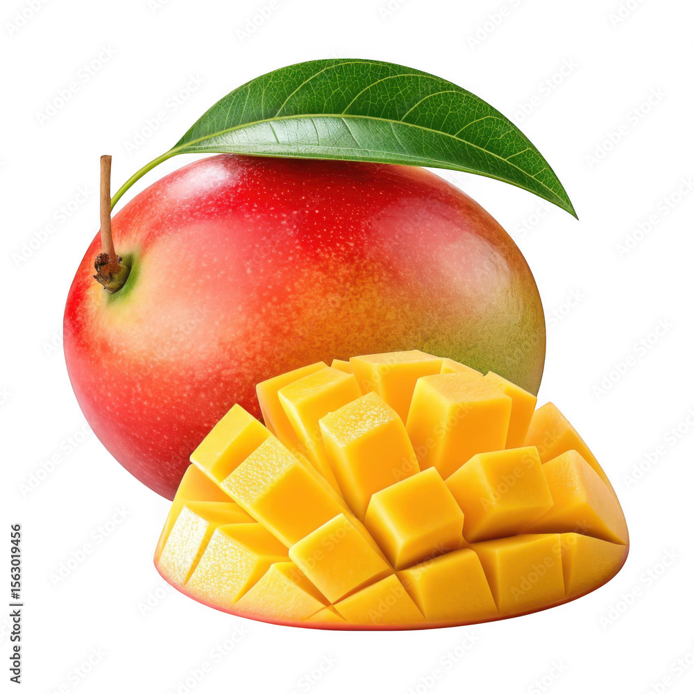 Poster 3d ripe mango with sliced cubes isolated on transparent background