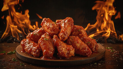 Spicy Buffalo Wings Grilled With Flames Highlighting Crispy Texture and Intense Fiery Flavor.