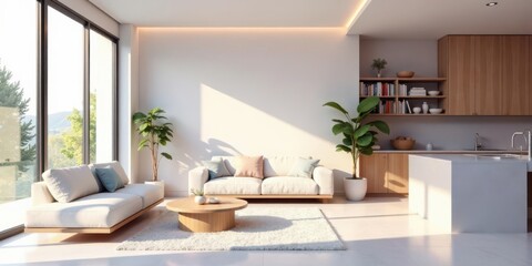 Modern minimalist living room design with sunlight streaming through large windows, showcasing a light-colored sofa, coffee table, and kitchen island with light wood cabinetry