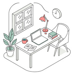 Cozy isometric home office setup featuring a desk with a laptop books coffee mug and desk lamp next to a window and chair
