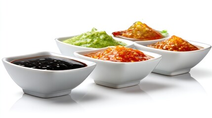 Four bowls of colorful sauces