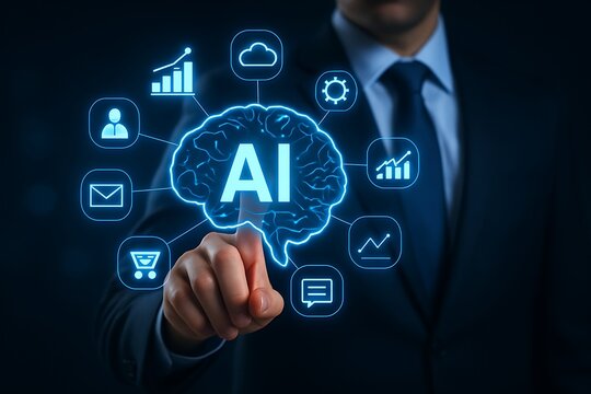 Businessman Interacting with AI-Powered Digital Brain Interface Surrounded by Data and Network Icons