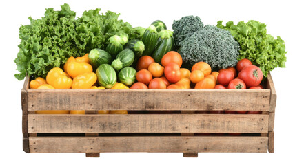 Assorted fresh vegetables in a rustic wooden box isolated on white background