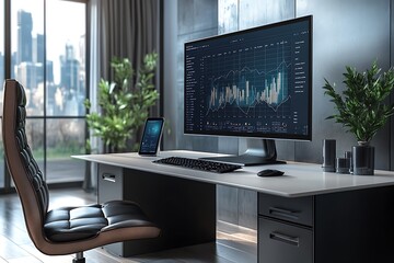 Naklejka premium Office desk with computer screen showing financial data and a tablet with a city view