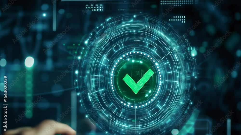 Poster a hand is pointing to a green check mark on a screen. concept of approval or satisfaction, as the ch