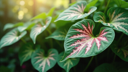 Caladium Plant Featuring Colorful Heart-Shaped Leaves in a Natural Botanical Garden Setting.