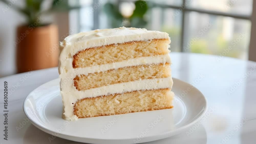 Poster a slice of layered vanilla cake with white frosting on a plate, placed on a table near a window.