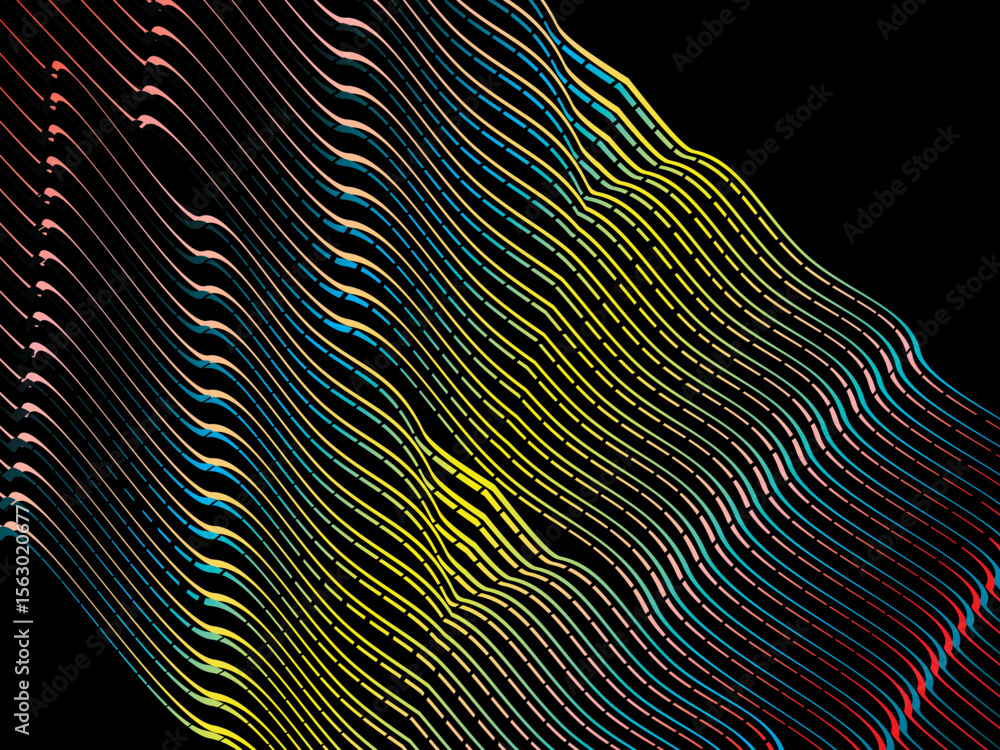 Poster The background is a colorful gradient wavy diagonal striped pattern on a black background, creating a dynamic and modern visual effect.