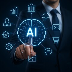 Businessman Interacting with AI-Powered Digital Brain Interface Surrounded by Data and Network Icons