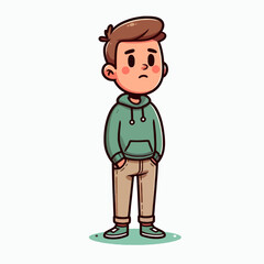 Digitally rendered cartoon illustration of a boy in casual attire, displaying a thoughtful or slightly melancholic expression.