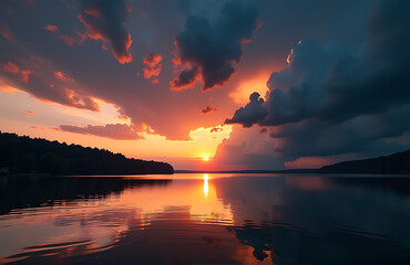dramatic sunset calm lake disrupted approach ominous thunderstorm