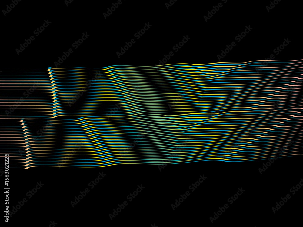 Poster the background is a colorful gradient wavy diagonal striped pattern on a black background, creating 