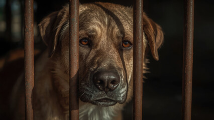 Sad Dog in Cage Showing Emotional Expression Through Bars in an Isolated Environment.