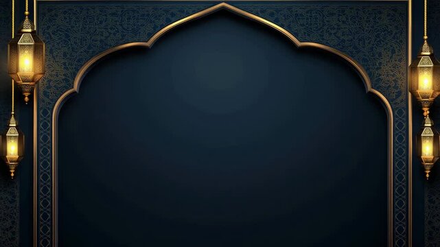 Elegant dark blue background with golden ornate frame and glowing lanterns creating warm festive decoration perfect for celebration invitation design with intricate patterns and glowing light