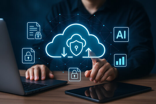 A secure cloud interface with AI integration, highlighting data security and modern digital solutions through a holographic display