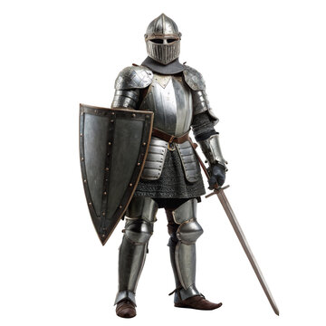 A formidable knight stands in full plate armor on transparent