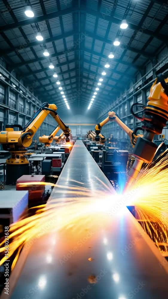 Poster advanced industrial robotics automated manufacturing process with sparks and machinery in modern fac