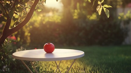 Red apple on a white table in a garden at sunset