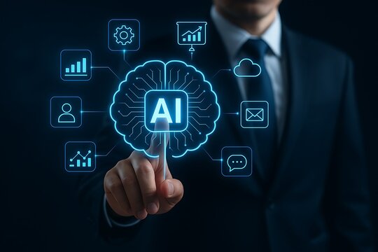 Businessman Interacting with AI-Powered Digital Brain Interface Surrounded by Data and Network Icons