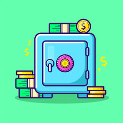Safe money box concept, cartoon security deposit locker, closed bank iron door. White protected storage, save financial box concept. Password-locked secure front display button. vector illustration.