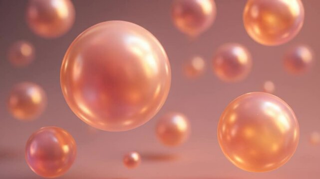 Many rose gold colored glowing pearl spheres floating peacefully in slow motion. Abstract background animation for cosmetic advertisement.