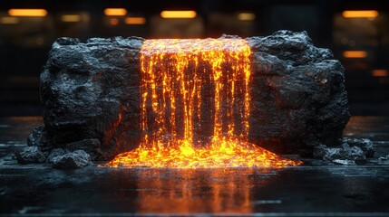 Molten waterfall cascading from a dark rock formation.