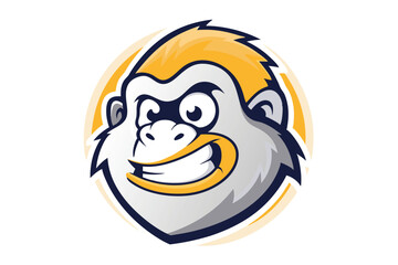 Cartoonish ape head with a wide toothy grin is framed by an offwhite circle