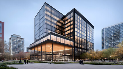 Obraz premium A green courtyard between the glass facades of an office building in Berlin Generative AI