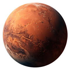 Mars with red rocky dusty surface and canyons, realistic 3D sphere, isolated on transparent background