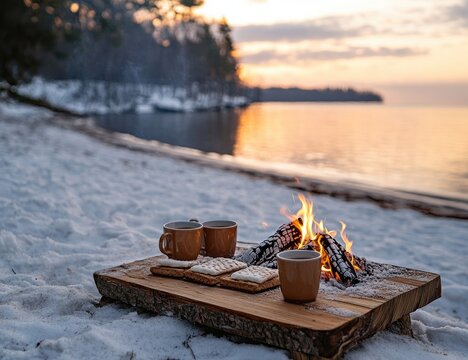 Cozy winter campfire on a snowy beach.  Cups of hot drinks and cookies sit on a rustic wooden table in front of a crackling fire.  Golden sunset over the water - Powered by Adobe